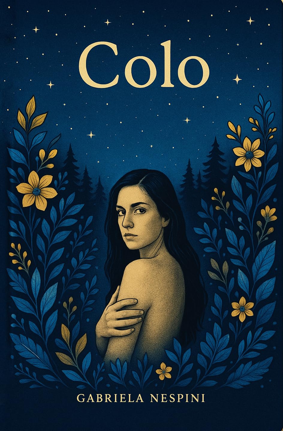 Capa do livro Colo de Gabriela Nespini Ubaldini, ilustrando uma mulher acolhendo a si mesma sob um céu estrelado em tons de azul e dourado